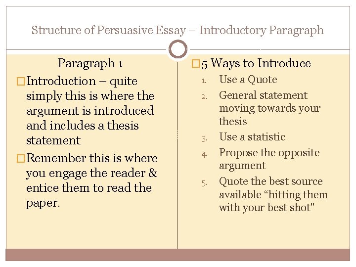 Structure of Persuasive Essay – Introductory Paragraph 1 �Introduction – quite simply this is