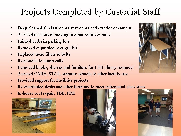 Projects Completed by Custodial Staff • • • Deep cleaned all classrooms, restrooms and