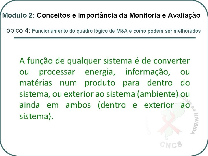 Modulo 2: Conceitos e Importância da Monitoria e Avaliação Tópico 4: Funcionamento do quadro