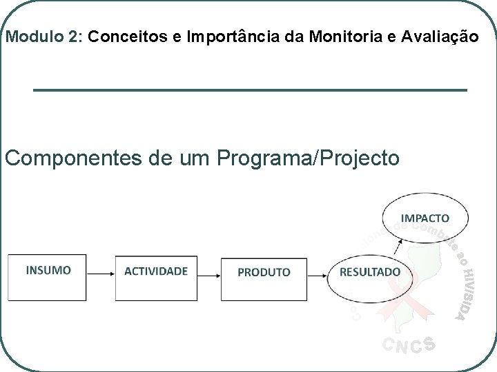 Modulo 2: Conceitos e Importância da Monitoria e Avaliação Componentes de um Programa/Projecto 