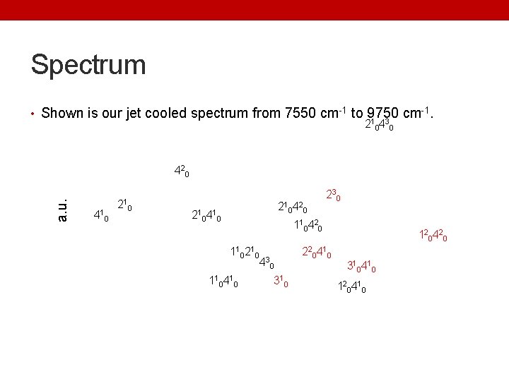 Spectrum • Shown is our jet cooled spectrum from 7550 cm-1 to 9750 cm-1.