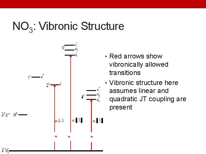 NO 3: Vibronic Structure • Red arrows show vibronically allowed transitions • Vibronic structure