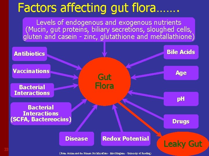Factors affecting gut flora……. Levels of endogenous and exogenous nutrients (Mucin, gut proteins, biliary