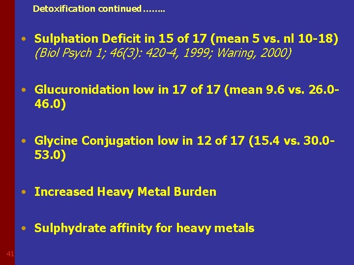 Detoxification continued……. . • Sulphation Deficit in 15 of 17 (mean 5 vs. nl