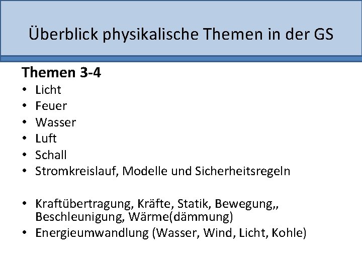 Überblick physikalische Themen in der GS Themen 3 -4 • • • Licht Feuer