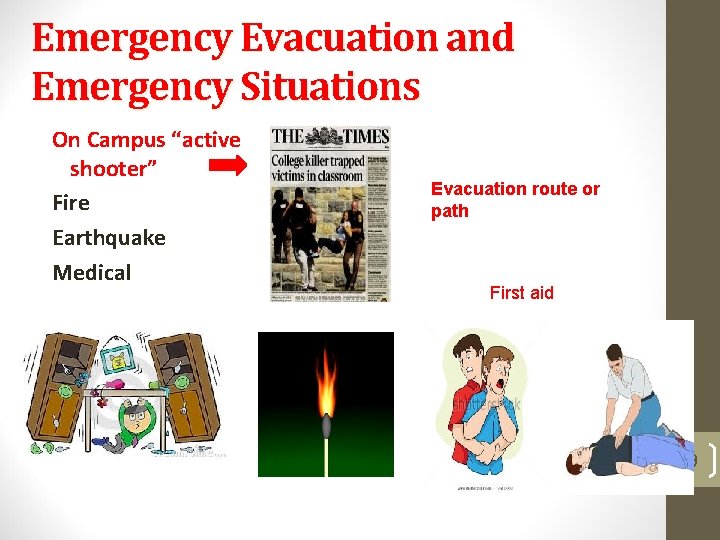 Emergency Evacuation and Emergency Situations On Campus “active shooter” Fire Earthquake Medical Evacuation route Emergency Evacuation and Emergency Situations On Campus “active shooter” Fire Earthquake Medical Evacuation route