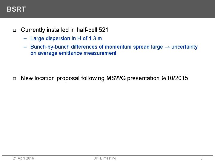 BSRT q Currently installed in half-cell 521 – Large dispersion in H of 1.