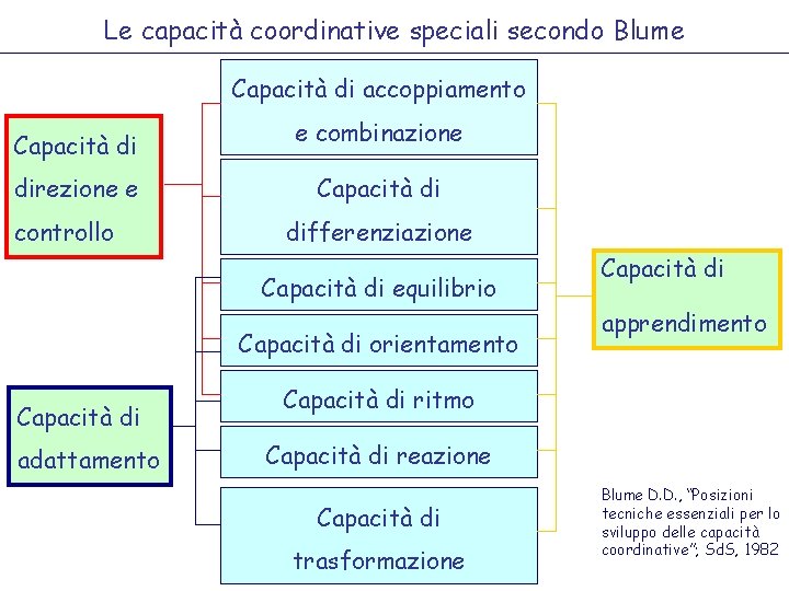 Le capacità coordinative speciali secondo Blume Capacità di accoppiamento Capacità di direzione e controllo