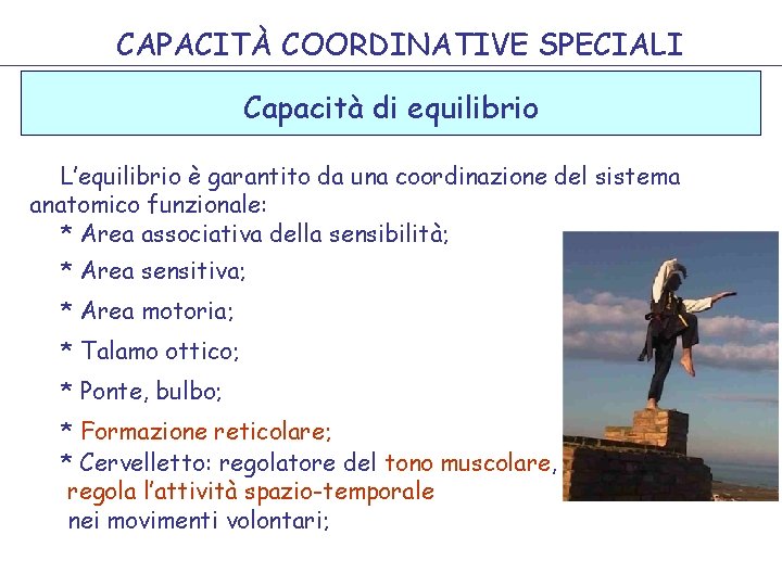 CAPACITÀ COORDINATIVE SPECIALI Capacità di equilibrio L’equilibrio è garantito da una coordinazione del sistema