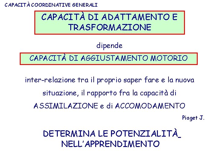 CAPACITÀ COORDINATIVE GENERALI CAPACITÀ DI ADATTAMENTO E TRASFORMAZIONE dipende CAPACITÀ DI AGGIUSTAMENTO MOTORIO inter-relazione