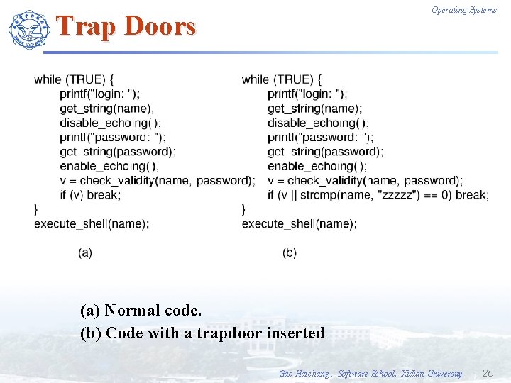 Operating Systems Trap Doors (a) Normal code. (b) Code with a trapdoor inserted Gao