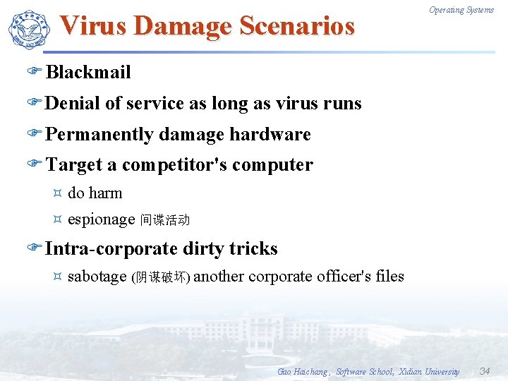 Virus Damage Scenarios Operating Systems F Blackmail F Denial of service as long as