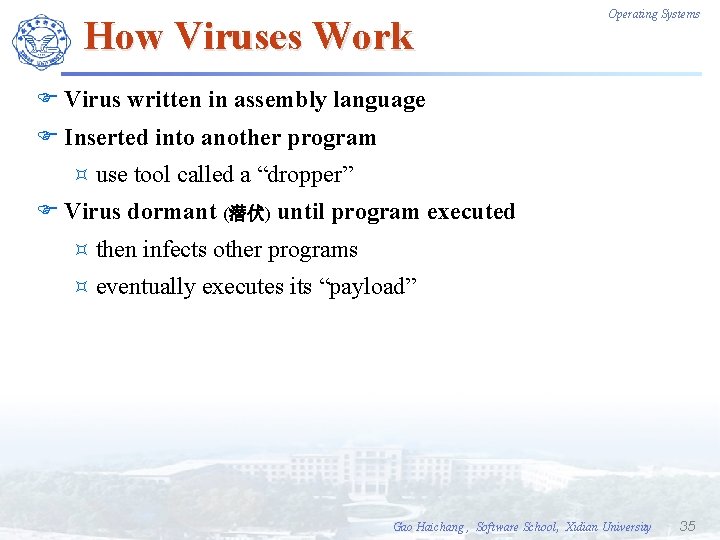 How Viruses Work Operating Systems F Virus written in assembly language F Inserted into