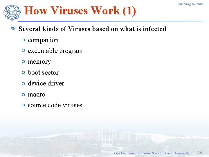 How Viruses Work (1) Operating Systems F Several kinds of Viruses based on what