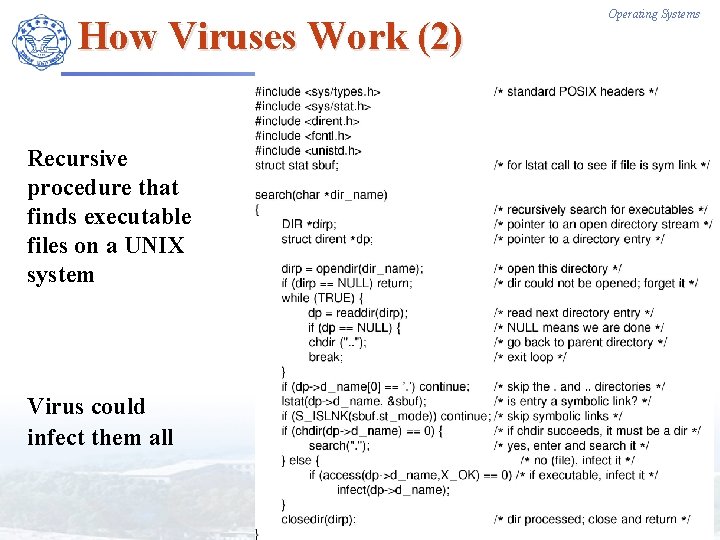 How Viruses Work (2) Operating Systems Recursive procedure that finds executable files on a