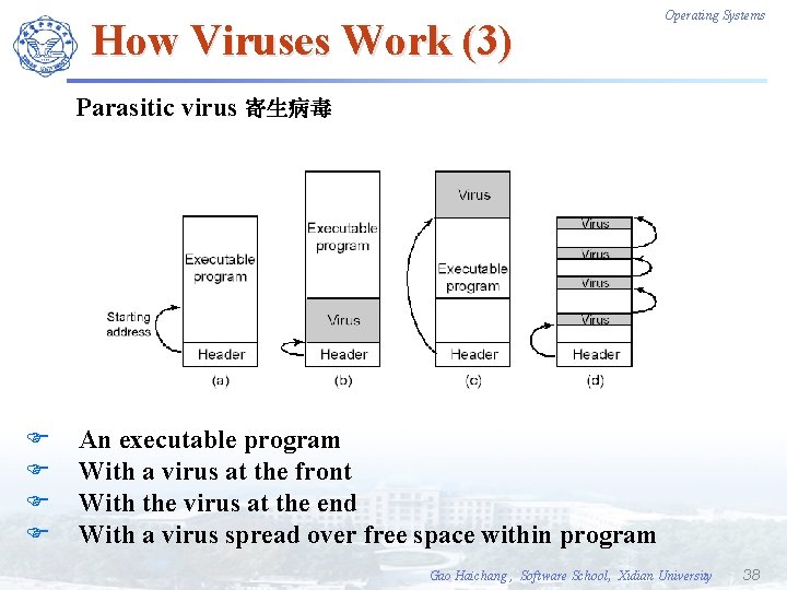 How Viruses Work (3) Operating Systems Parasitic virus 寄生病毒 F F An executable program