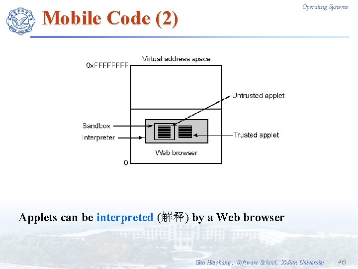 Operating Systems Mobile Code (2) Applets can be interpreted (解释) by a Web browser