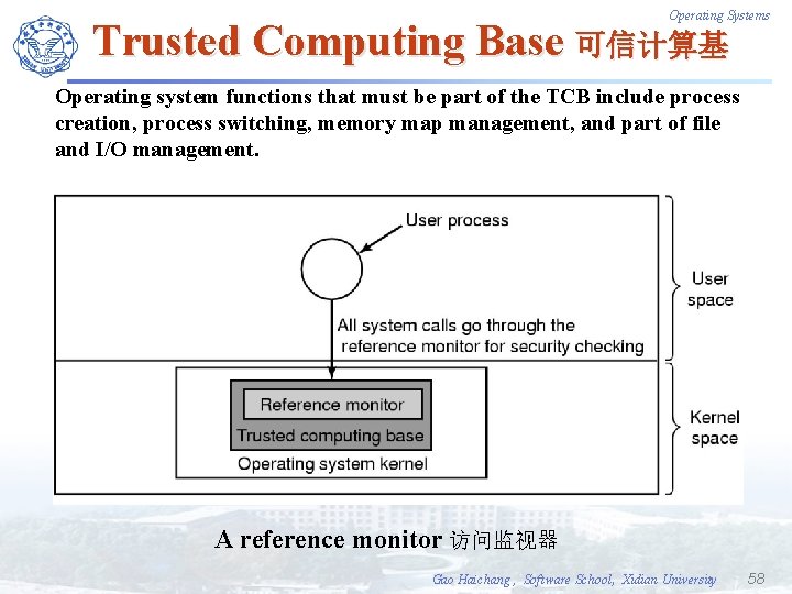 Operating Systems Trusted Computing Base 可信计算基 Operating system functions that must be part of