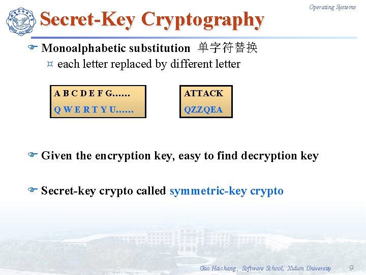 Secret-Key Cryptography Operating Systems F Monoalphabetic substitution 单字符替换 ³ each letter replaced by different