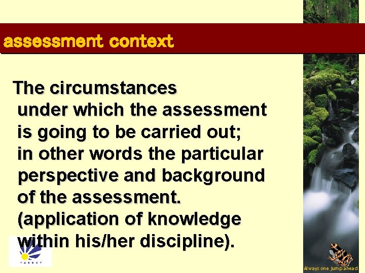 assessment context The circumstances under which the assessment is going to be carried out;
