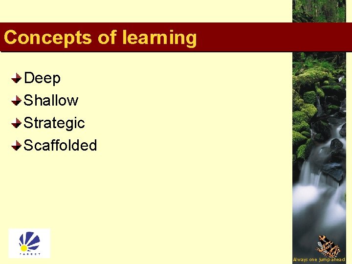 Concepts of learning Deep Shallow Strategic Scaffolded 13 Always one jump ahead 