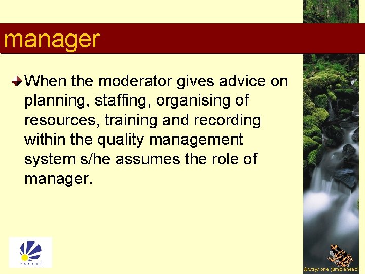 manager When the moderator gives advice on planning, staffing, organising of resources, training and