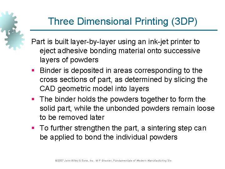 Three Dimensional Printing (3 DP) Part is built layer-by-layer using an ink-jet printer to