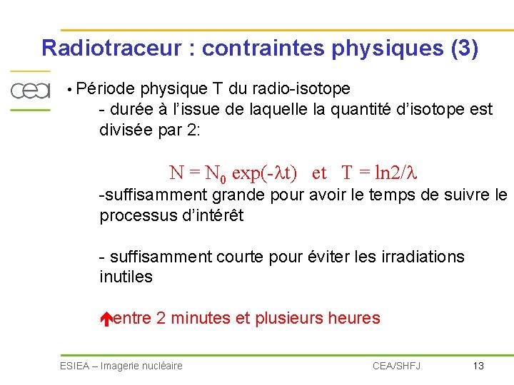 Radiotraceur : contraintes physiques (3) • Période physique T du radio-isotope - durée à