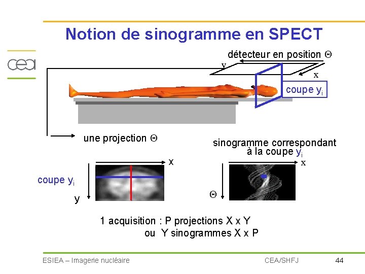 Notion de sinogramme en SPECT y détecteur en position x coupe yi une projection