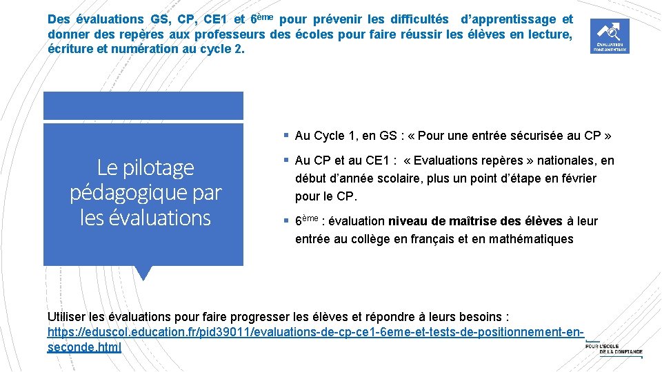 Des évaluations GS, CP, CE 1 et 6ème pour prévenir les difficultés d’apprentissage et Des évaluations GS, CP, CE 1 et 6ème pour prévenir les difficultés d’apprentissage et