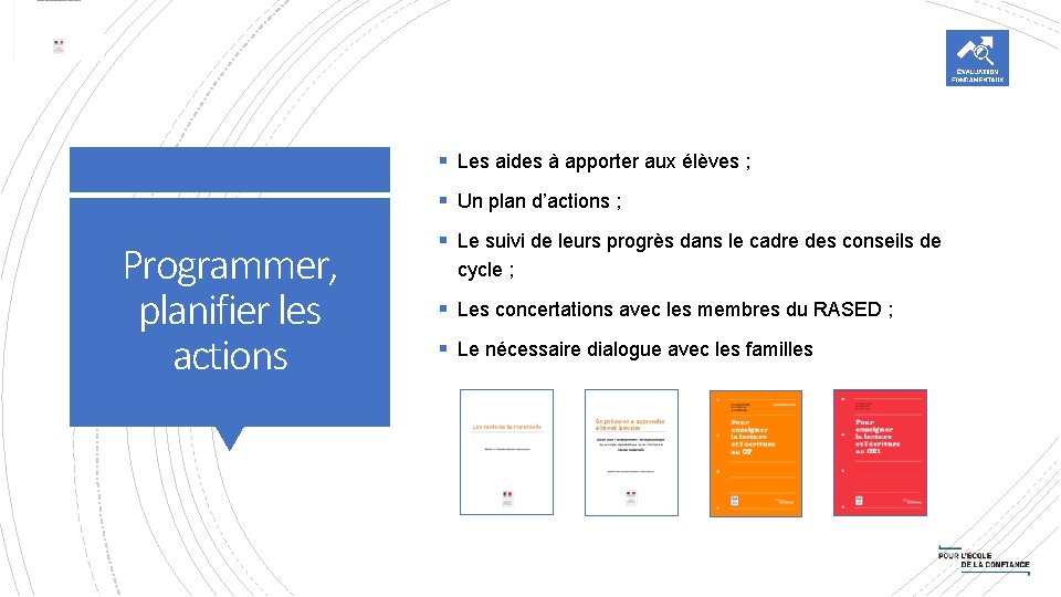 § Les aides à apporter aux élèves ; § Un plan d’actions ; Programmer, § Les aides à apporter aux élèves ; § Un plan d’actions ; Programmer,