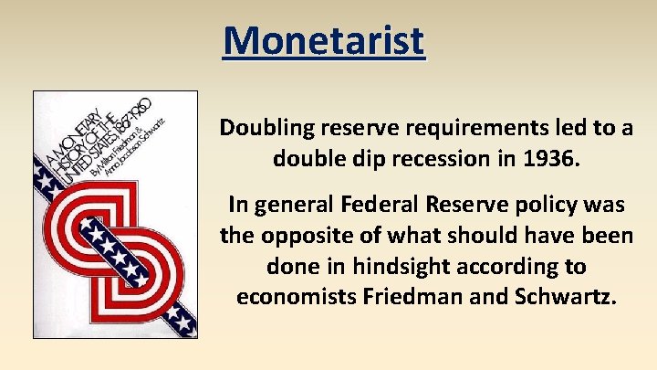 Monetarist Doubling reserve requirements led to a double dip recession in 1936. In general