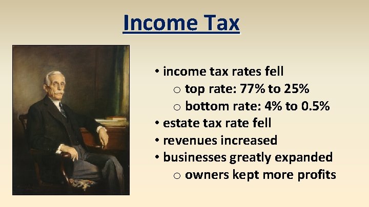 Income Tax • income tax rates fell o top rate: 77% to 25% o