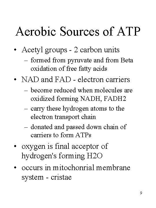 Aerobic Sources of ATP • Acetyl groups - 2 carbon units – formed from