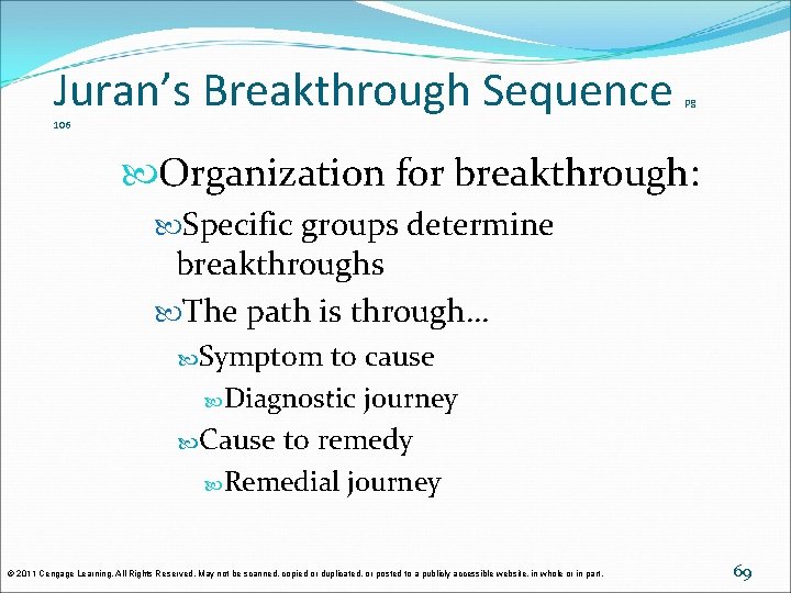 Juran’s Breakthrough Sequence pg 106 Organization for breakthrough: Specific groups determine breakthroughs The path Juran’s Breakthrough Sequence pg 106 Organization for breakthrough: Specific groups determine breakthroughs The path