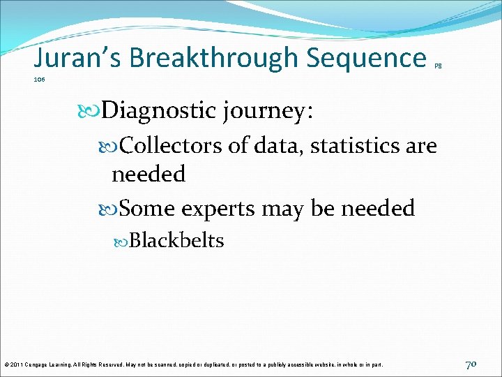 Juran’s Breakthrough Sequence pg 106 Diagnostic journey: Collectors of data, statistics are needed Some Juran’s Breakthrough Sequence pg 106 Diagnostic journey: Collectors of data, statistics are needed Some