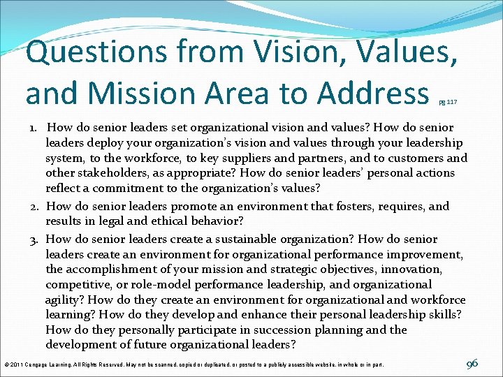 Questions from Vision, Values, and Mission Area to Address pg 117 1. How do Questions from Vision, Values, and Mission Area to Address pg 117 1. How do