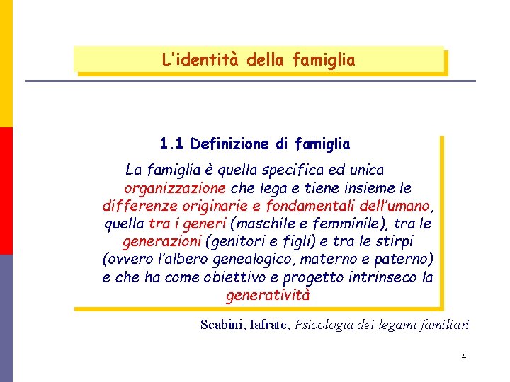 L’identità della famiglia 1. 1 Definizione di famiglia La famiglia è quella specifica ed