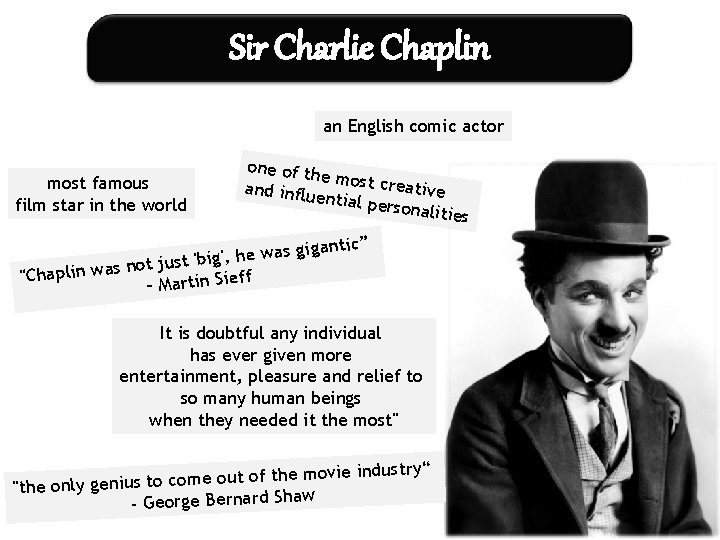 Sir Charlie Chaplin an English comic actor most famous film star in the world