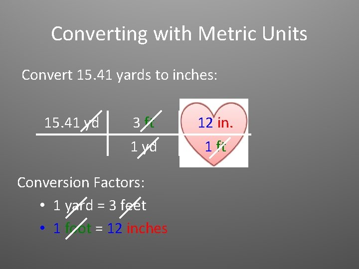 Converting with Metric Units Convert 15. 41 yards to inches: 15. 41 yd 3