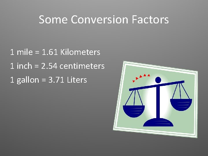 Some Conversion Factors 1 mile = 1. 61 Kilometers 1 inch = 2. 54