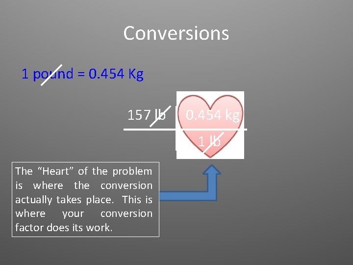 Conversions 1 pound = 0. 454 Kg 157 lb 0. 454 kg 1 lb