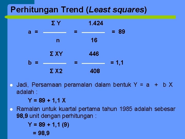 Perhitungan Trend (Least squares) ΣY a = = 16 Σ XY 446 = Σ
