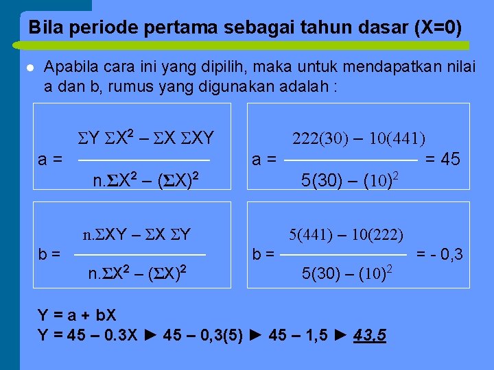 Bila periode pertama sebagai tahun dasar (X=0) l Apabila cara ini yang dipilih, maka