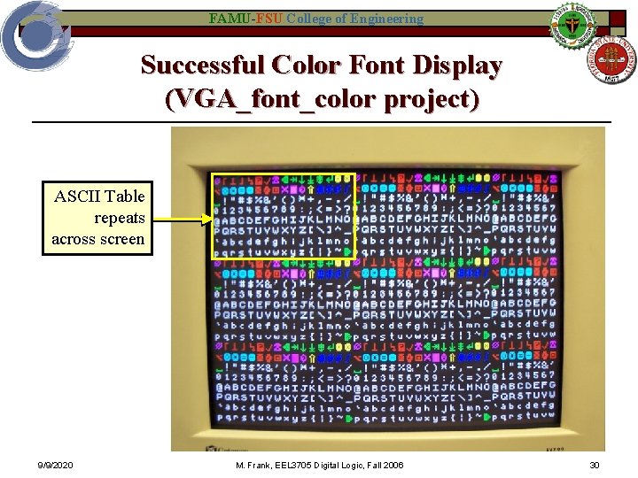 FAMU-FSU College of Engineering Successful Color Font Display (VGA_font_color project) ASCII Table repeats across