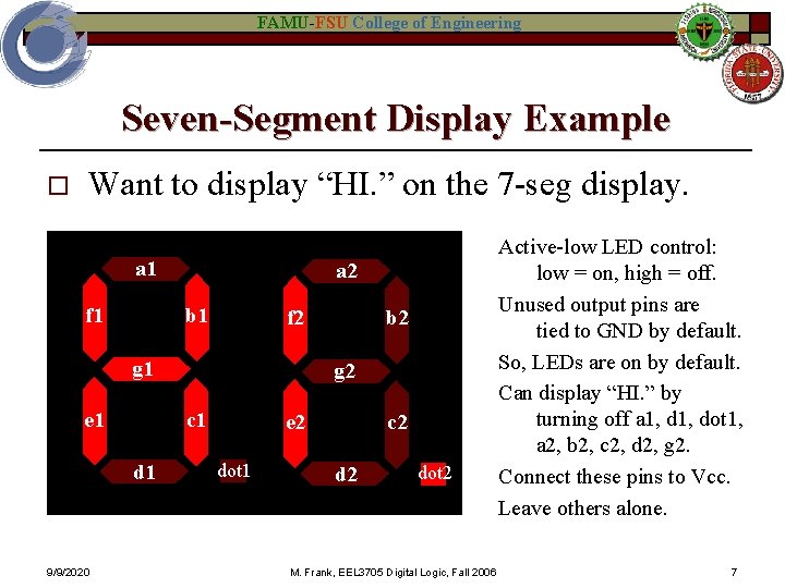 FAMU-FSU College of Engineering Seven-Segment Display Example o Want to display “HI. ” on