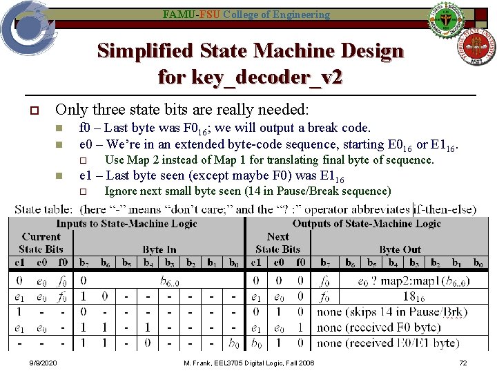 FAMU-FSU College of Engineering Simplified State Machine Design for key_decoder_v 2 o Only three