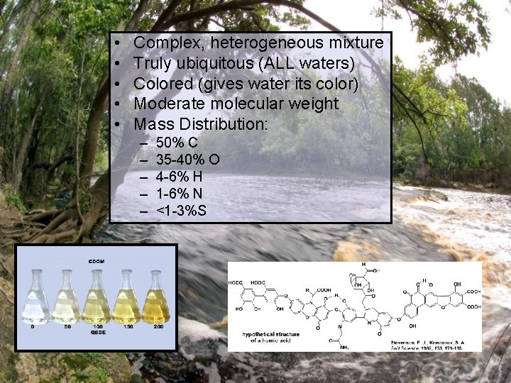  • • • Complex, heterogeneous mixture Truly ubiquitous (ALL waters) Colored (gives water