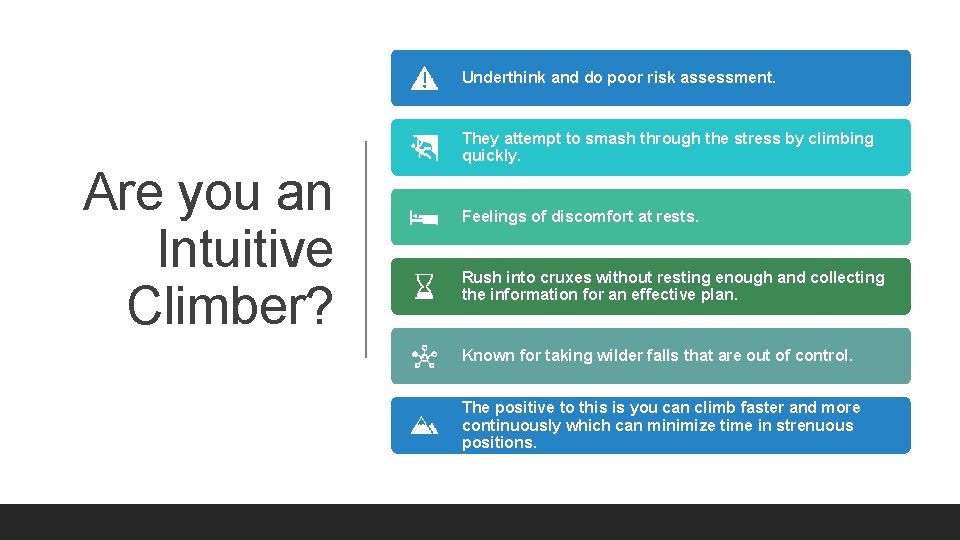 Underthink and do poor risk assessment. Are you an Intuitive Climber? They attempt to