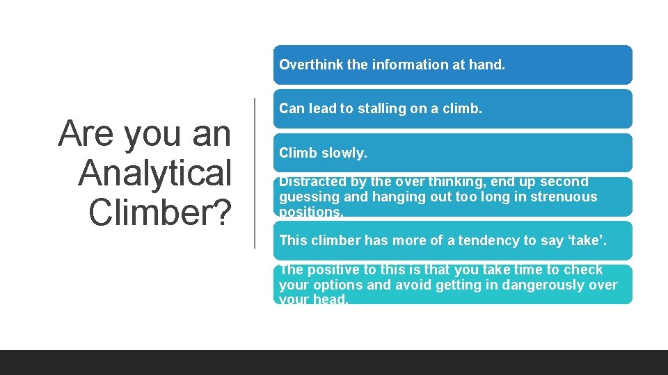 Overthink the information at hand. Are you an Analytical Climber? Can lead to stalling